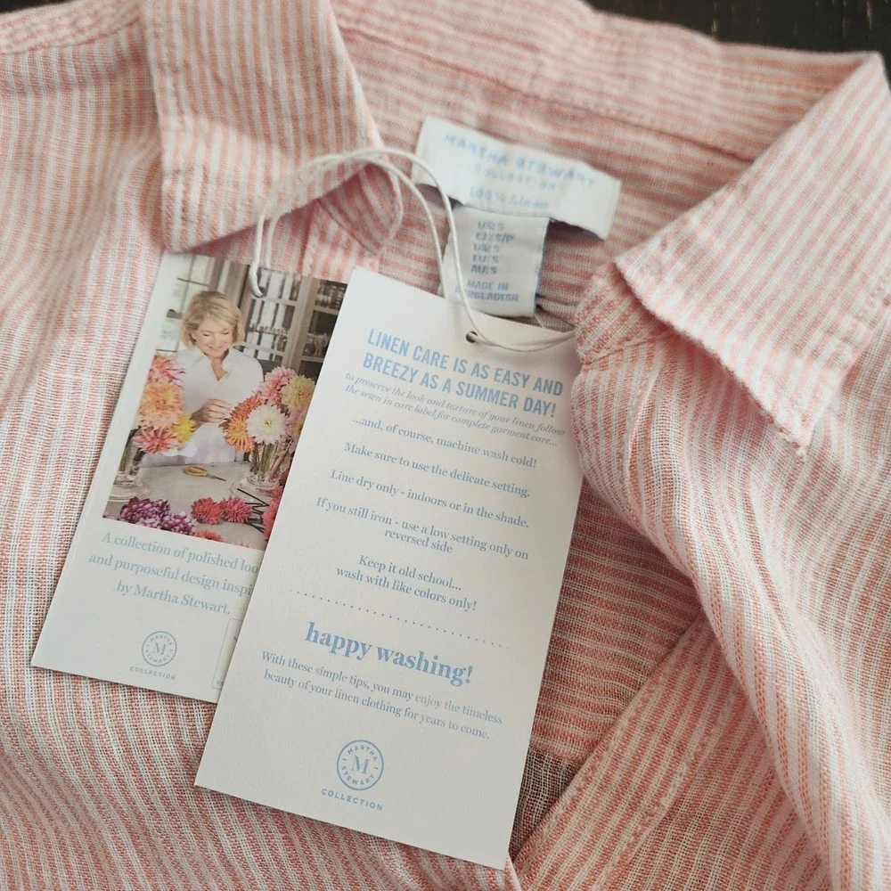 Martha Stewart 100% Linen Button-Front Tunic Top Pinstripe Pink White Small NWT